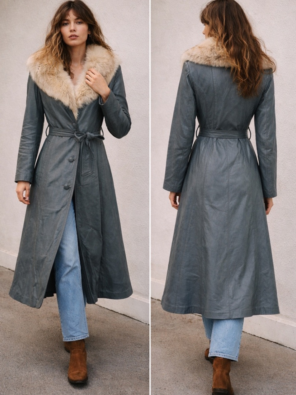 Vintage 70s Penny Lane Leather Coat Fur Collar Belted Boho Luxe Long Jacket